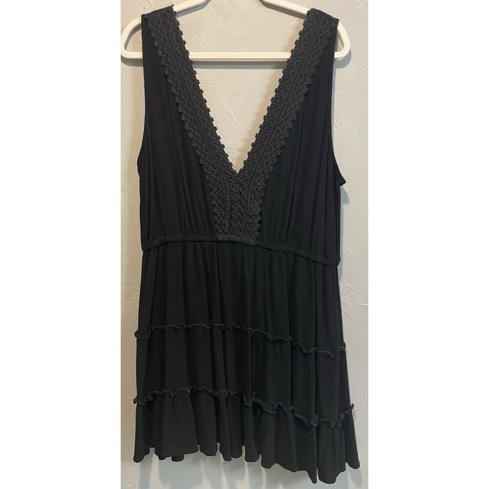 Black Mini Dress Tank Crochet Deep V-neck & Back Tassle Tie Tiered Womens’s 3X